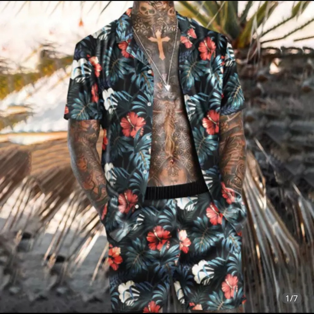 Hawaiian printed shirt and board shorts set